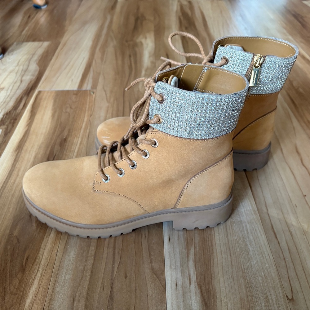 MICHAEL Michael Kors Alistair Lug-Sole Tan Leather Combat Boots Rhinestone 8